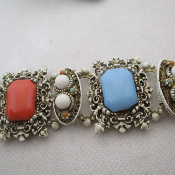 Vintage 1950s Enamel Celluloid Cabochon Section Bracelet Antiqued White Enamel - Picture 10 of 12